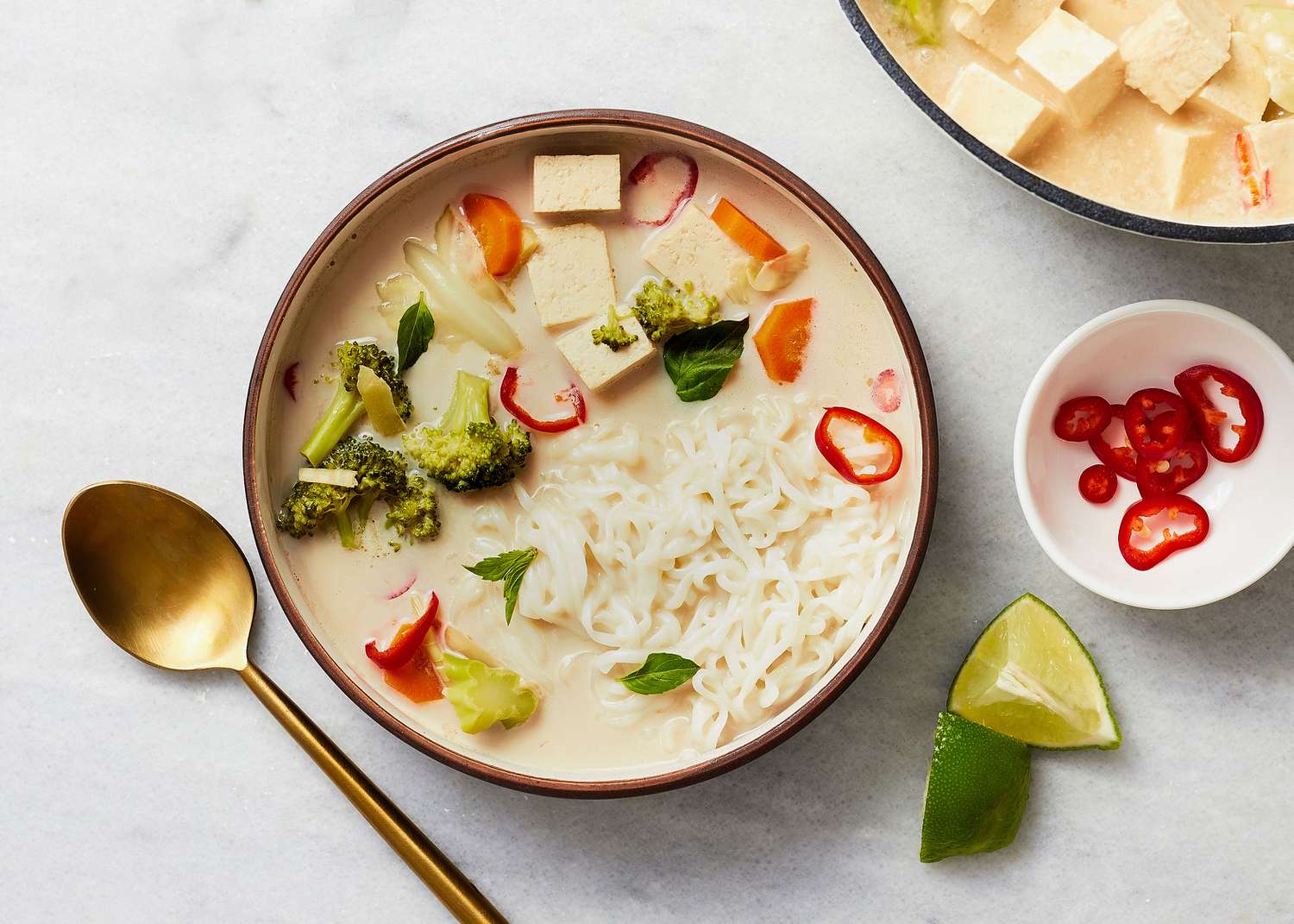 vegetable noodles and tofu in coconut soup